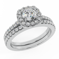 Wedding Ring Set Round diamond Cushion halo White Gold