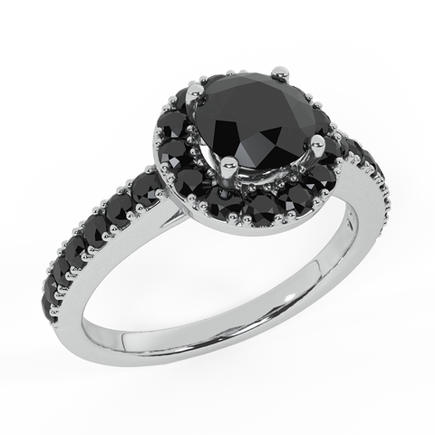 Black Diamond Halo Ring 1 Carat Total Weight 14K Solid Gold - White Gold