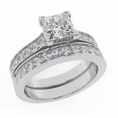 Princess Cut Diamond Cathedral Accent Engagement Ring Set White Gold