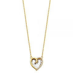 Artsy Heart Two-tone Beaten Gold Necklace Cz studded 14K White & Yellow Gold 18" Chain