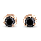 Round Black Diamond Stud Earrings 14K Gold Three Prong Setting - Rose Gold