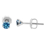 Blue Diamond Stud Earrings Round cut 14K Gold Earrings 3-Prong Setting