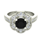 1.28 cttw Flower Style Black Diamond Halo Wedding Ring 14K Silver Finish