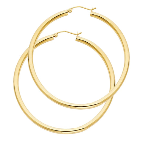 14K Solid Gold Hoop Earrings 55 mm diameter 3 mm wide Secured click top settings