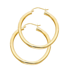 14K Solid Gold Hoop Earrings 28 mm diameter 3 mm wide Secured click top settings