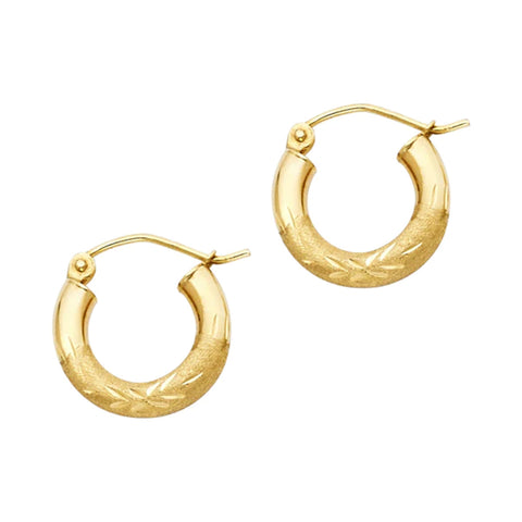 14K Gold Diamond Cut Hoop Earrings 14 mm diameter 3 mm wide Secured click top settings