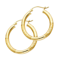 14K Gold Diamond Cut Hoop Earrings 25 mm diameter 3 mm wide Secured click top settings