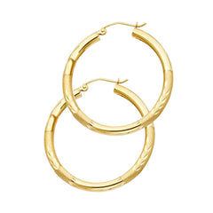 14K Gold Diamond Cut Hoop Earrings 30 mm diameter 3 mm wide Secured click top settings