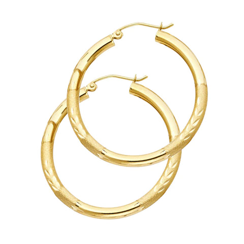 14K Gold Diamond Cut Hoop Earrings 35 mm diameter 3 mm wide Secured click top settings