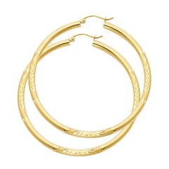 14K Gold Diamond Cut Hoop Earrings 55 mm diameter 3 mm wide Secured click top settings