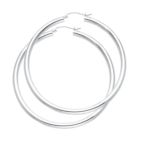 14K Solid White Gold Hoop Earrings 55 mm diameter 3 mm wide Secured click top settings - White Gold