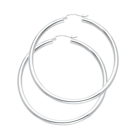 14K Solid White Gold Hoop Earrings 45 mm diameter 3 mm wide Secured click top settings - White Gold