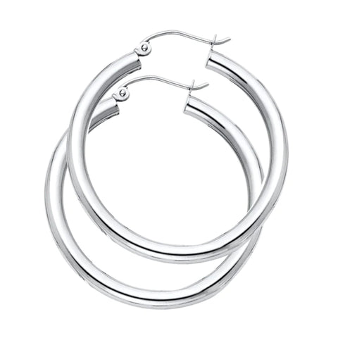 14K Solid White Gold Hoop Earrings 35 mm diameter 3 mm wide Secured click top settings - White Gold