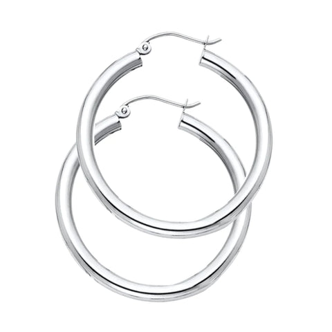 14K Solid White Gold Hoop Earrings 28 mm diameter 3 mm wide Secured click top settings - White Gold