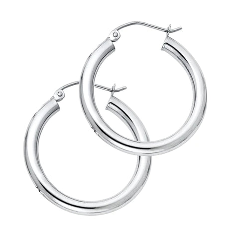 14K Solid White Gold Hoop Earrings 24 mm diameter 3 mm wide Secured click top settings - White Gold