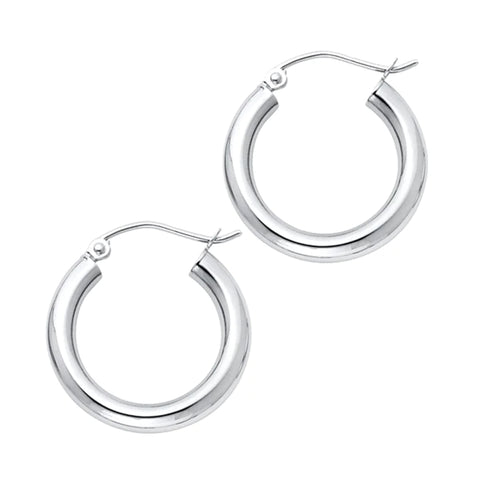 14K Solid White Gold Hoop Earrings 19 mm diameter 3 mm wide Secured click top settings - White Gold