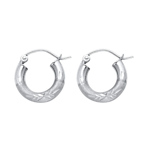 14K White Gold Diamond Cut Hoop Earrings 14 mm diameter 3 mm wide Secured click top settings - White Gold