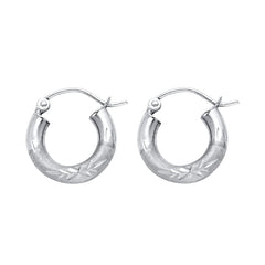 14K White Gold Diamond Cut Hoop Earrings 14 mm diameter 3 mm wide Secured click top settings