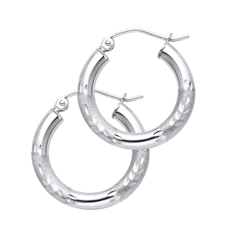 14K White Gold Diamond Cut Hoop Earrings 20 mm diameter 3 mm wide Secured click top settings - White Gold