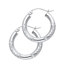 14K White Gold Diamond Cut Hoop Earrings 20 mm diameter 3 mm wide Secured click top settings