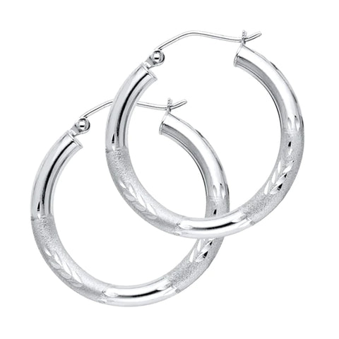 14K White Gold Diamond Cut Hoop Earrings 25 mm diameter 3 mm wide Secured click top settings - White Gold