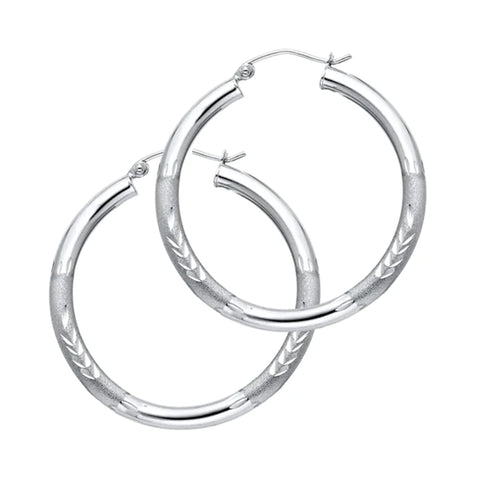 14K White Gold Diamond Cut Hoop Earrings 30 mm diameter 3 mm wide Secured click top settings - White Gold