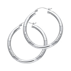 14K White Gold Diamond Cut Hoop Earrings 30 mm diameter 3 mm wide Secured click top settings