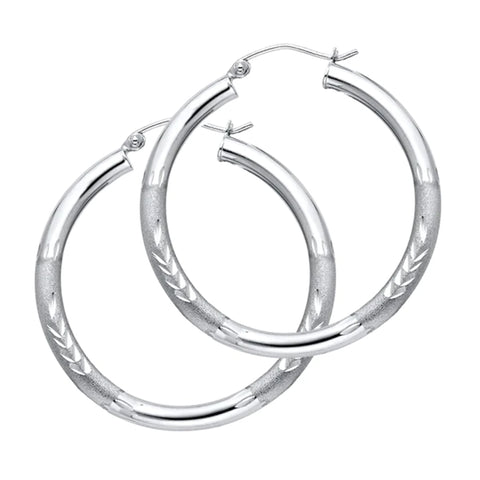 14K White Gold Diamond Cut Hoop Earrings 35 mm diameter 3 mm wide Secured click top settings - White Gold