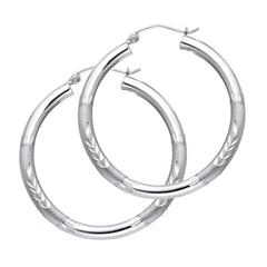 14K White Gold Diamond Cut Hoop Earrings 35 mm diameter 3 mm wide Secured click top settings