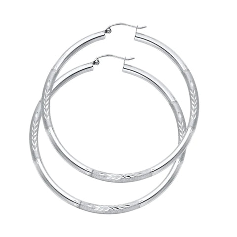 14K White Gold Diamond Cut Hoop Earrings 48 mm diameter 3 mm wide Secured click top settings - White Gold