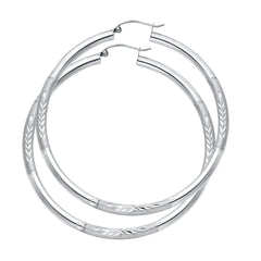 14K White Gold Diamond Cut Hoop Earrings 55 mm diameter 3 mm wide Secured click top settings
