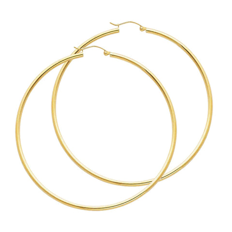 14K Solid Gold Hoop Earrings 65 mm diameter 2 mm wide Secured click top settings