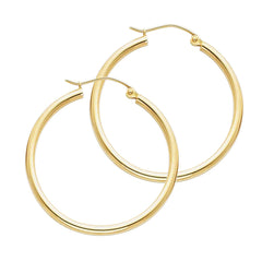 14K Solid Gold Hoop Earrings 30 mm diameter 2 mm wide Secured click top settings