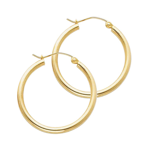 14K Solid Gold Hoop Earrings 25 mm diameter 2 mm wide Secured click top settings