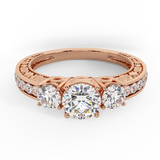 1.40 Ct Three-stone Diamond Engagement Ring 14K Gold Mill grain and Engraved Shank-I1 - Rose Gold