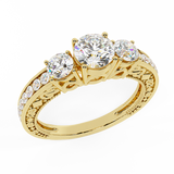 1.40 Ct Three-stone Diamond Engagement Ring 14K Gold Mill grain and Engraved Shank-I1 - Yellow Gold