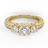 1.40 Ct Three-stone Diamond Engagement Ring 18K Gold Mill grain and Engraved Shank-VS - Yellow Gold