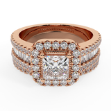 Stunning Princess Cushion Halo Wedding Ring Set 1.56 ctw 14K Gold-I,I1 - Rose Gold