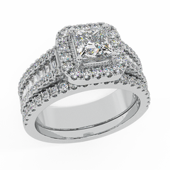 Stunning Princess Cushion Halo Wedding Ring Set White Gold