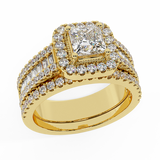 Stunning Princess Cushion Halo Wedding Ring Set 1.56 ctw 14K Gold-I,I1 - Yellow Gold