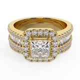 Stunning Princess Cushion Halo Wedding Ring Set 1.56 ctw 18K Gold-G,SI - Yellow Gold
