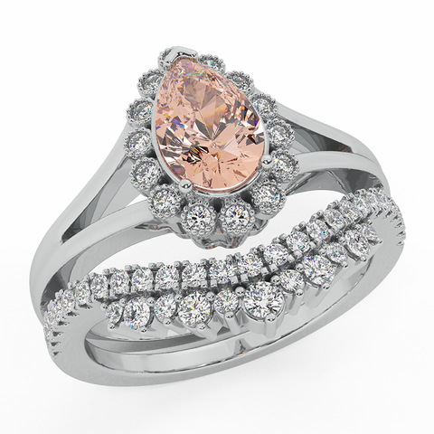 1.44 ct Morganite Engagement Ring-Wedding Ring Set 18K Gold Pear Shape-G,SI