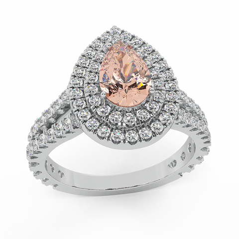 2.90 Ct Pear Cut Pink Morganite Double Halo Engagement Ring 14K Gold (I,I1) - White Gold