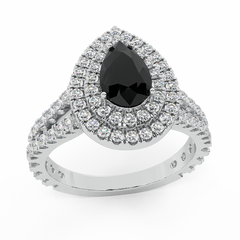 Engagement Rings Pear Cut Black Diamond Double Halo White Gold