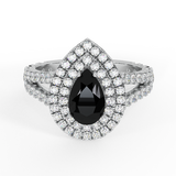 14K Gold Engagement Rings Pear Cut Black Diamond Double Halo 2.89 ct SI - White Gold
