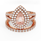 3.40 Ct Pear Cut Pink Morganite Double Halo Wedding Ring Set 14K Gold-G,SI - Rose Gold