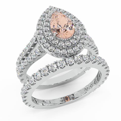 3.40 Ct Pear Cut Pink Morganite Double Halo Wedding Ring Set 18K Gold-G,VS - White Gold