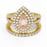 3.40 Ct Pear Cut Pink Morganite Double Halo Wedding Ring Set 14K Gold-G,SI - Yellow Gold