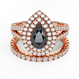 3.40 Ct Pear Cut Black Diamond Double Halo Wedding Ring Set 14K Gold-I,I1 - Rose Gold