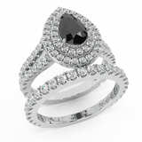 3.40 Ct Pear Cut Black Diamond Double Halo Wedding Ring Set 14K Gold-I,I1 - White Gold
